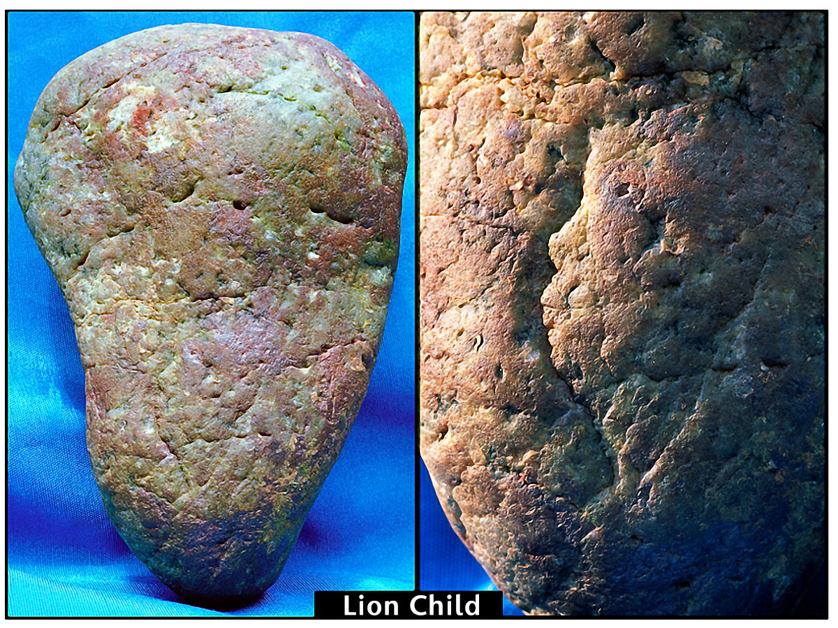 early artifact showing images of a lion, and a child